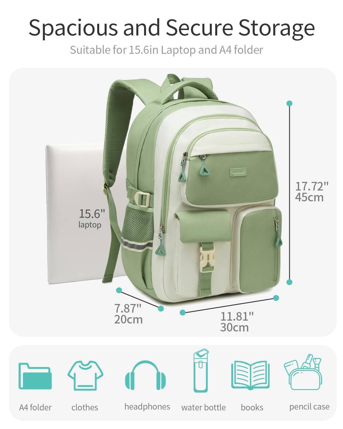 Girls Middle High School Backpack College Bookbag Mochila GreenWhite Gifts