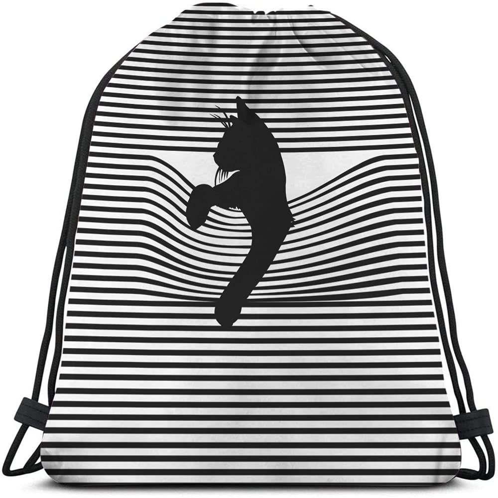 Black Cat Drawstring Bags Backpack Bag Animal Silhouette Black And White Stripes