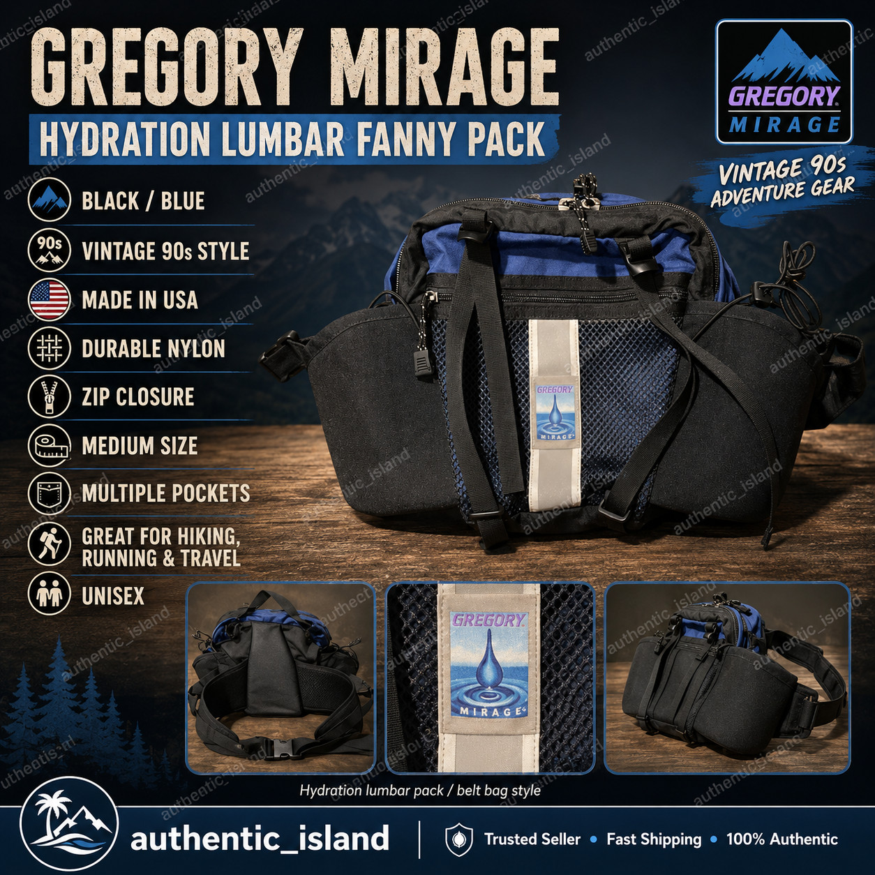 Gregory Mirage Hiking Running Hydration Lumbar Fanny Pack Black Blue Made In USA
