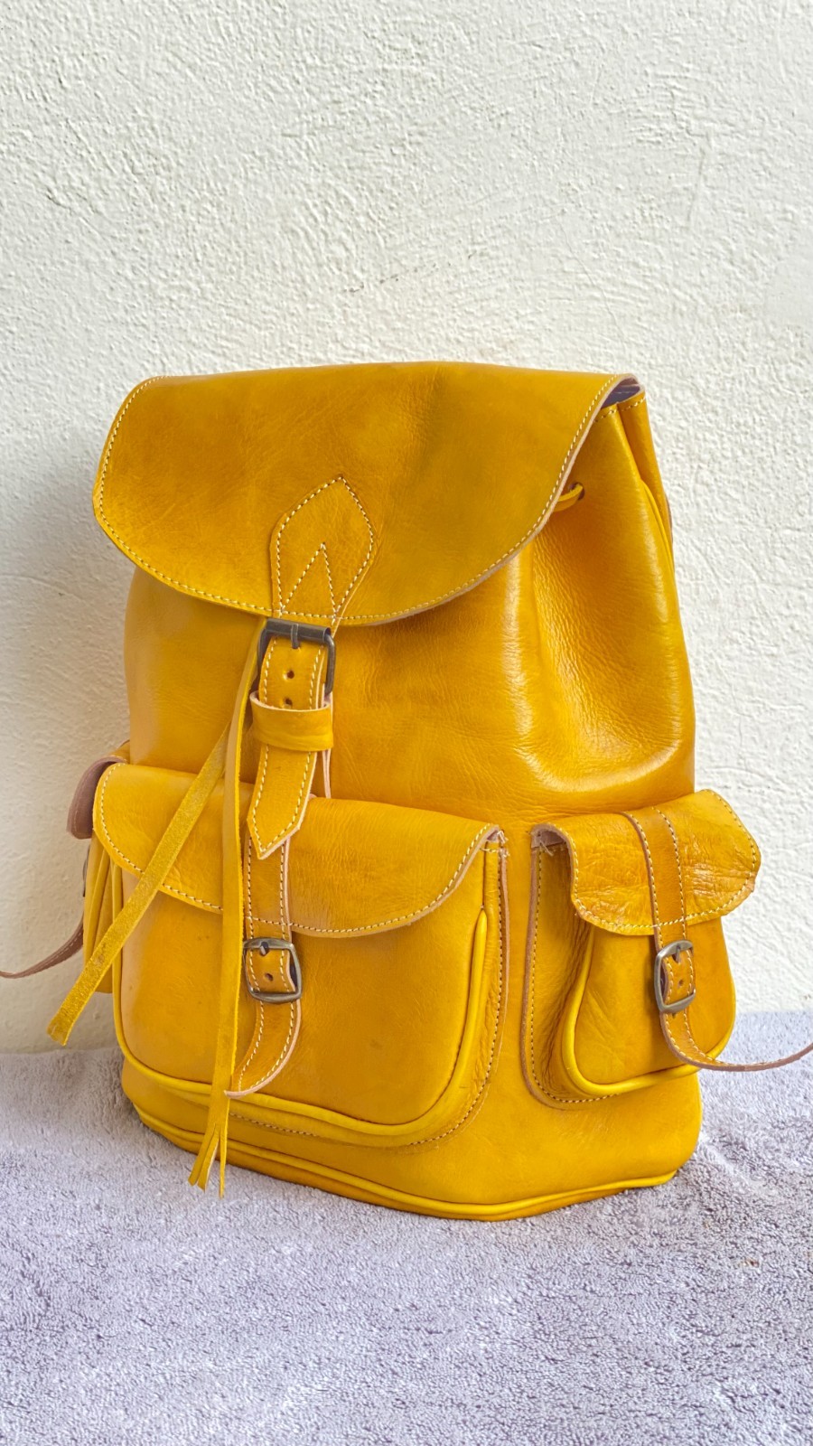 Yellow Leather Backpack Handmade Morocco Belt Buckle Front Back Pocket