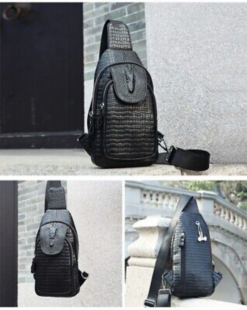 Black Real eather Sling Backpack, Men’s Crossbody Chest Bag Crocodile Pattern