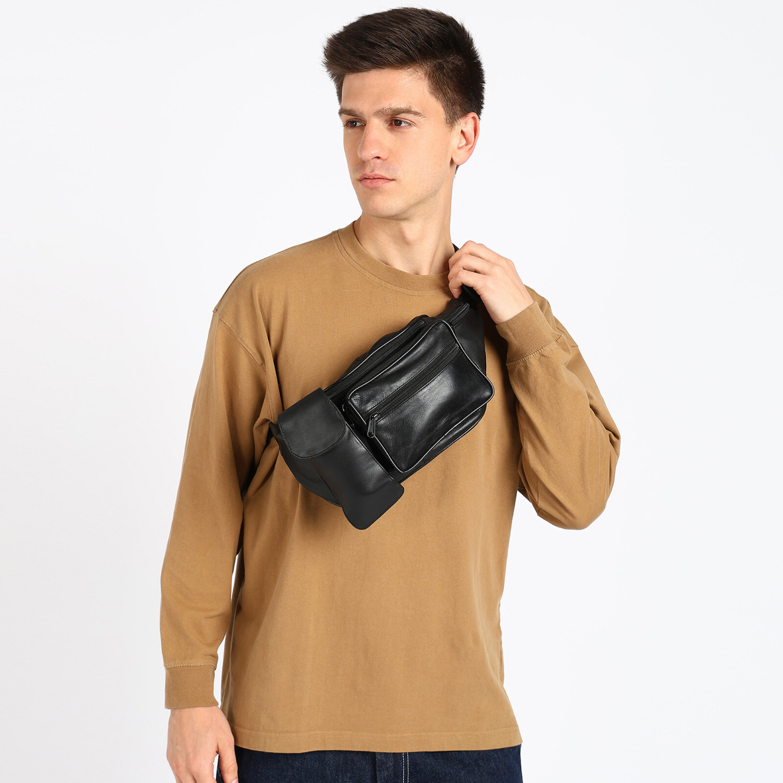 Black Genuine Leather Fanny Pack Phone Hip Waist Bag Travel Sport Holder