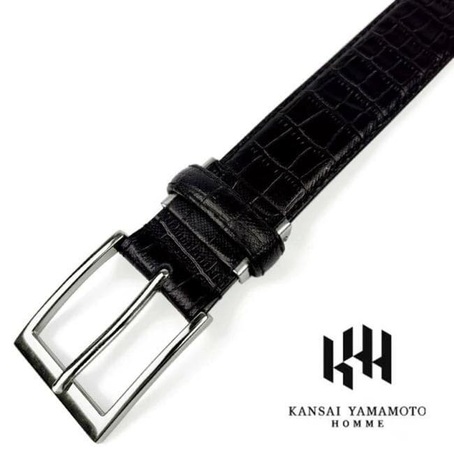 KANSAI YAMAMOTO Black Crocodile Pattern Leather Belt 3.2cm Width