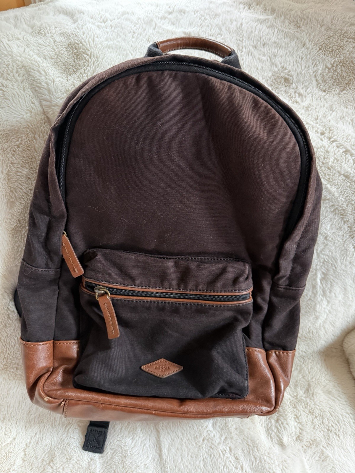 Fossil Estate Canvas Backpack In Brown with Leather Trim and Adjustable Straps