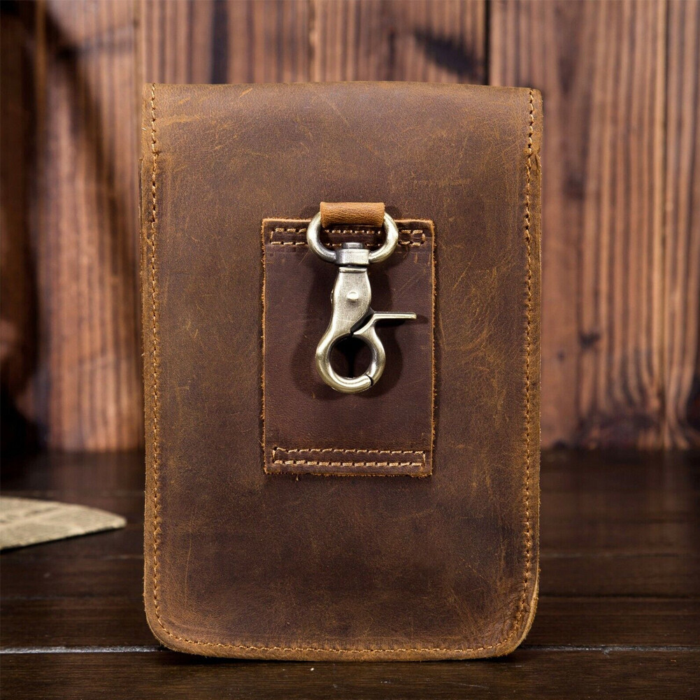 Crazy Horse Leather Men Small Waist Bag Pouch Hook Fanny Waist Belt Pack-