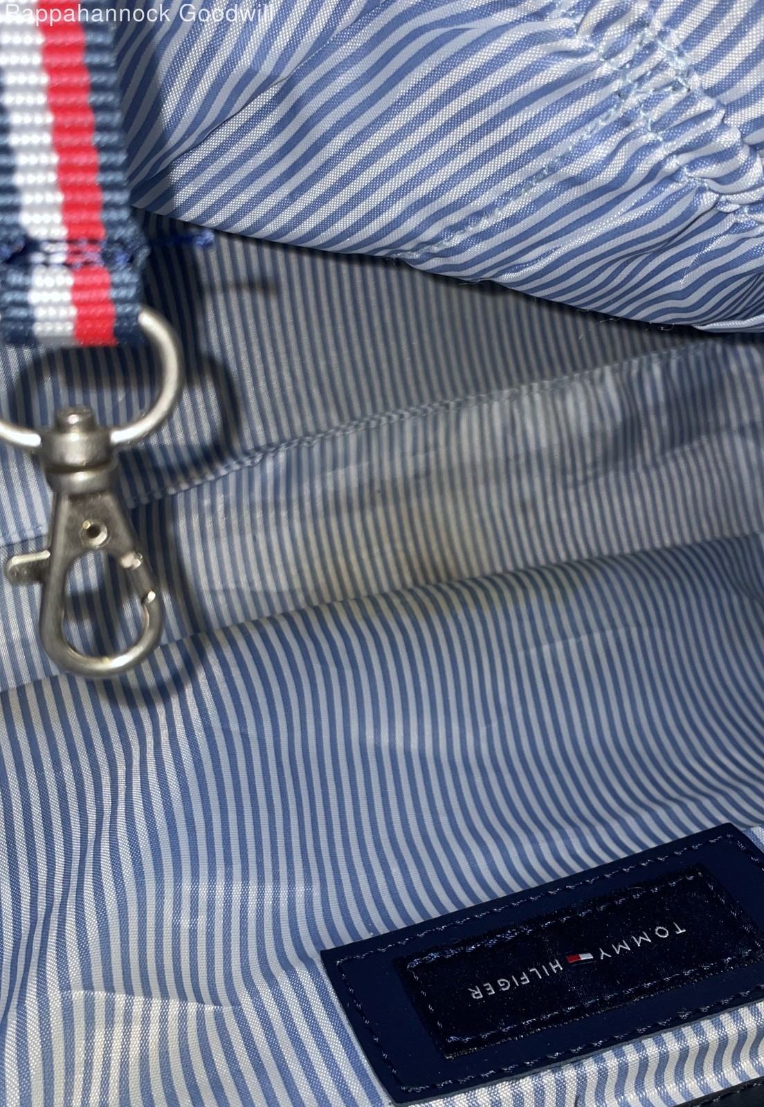 Tommy Hilfiger Navy Green Diagonal Striped Canvas Duffel Weekender Travel Bag