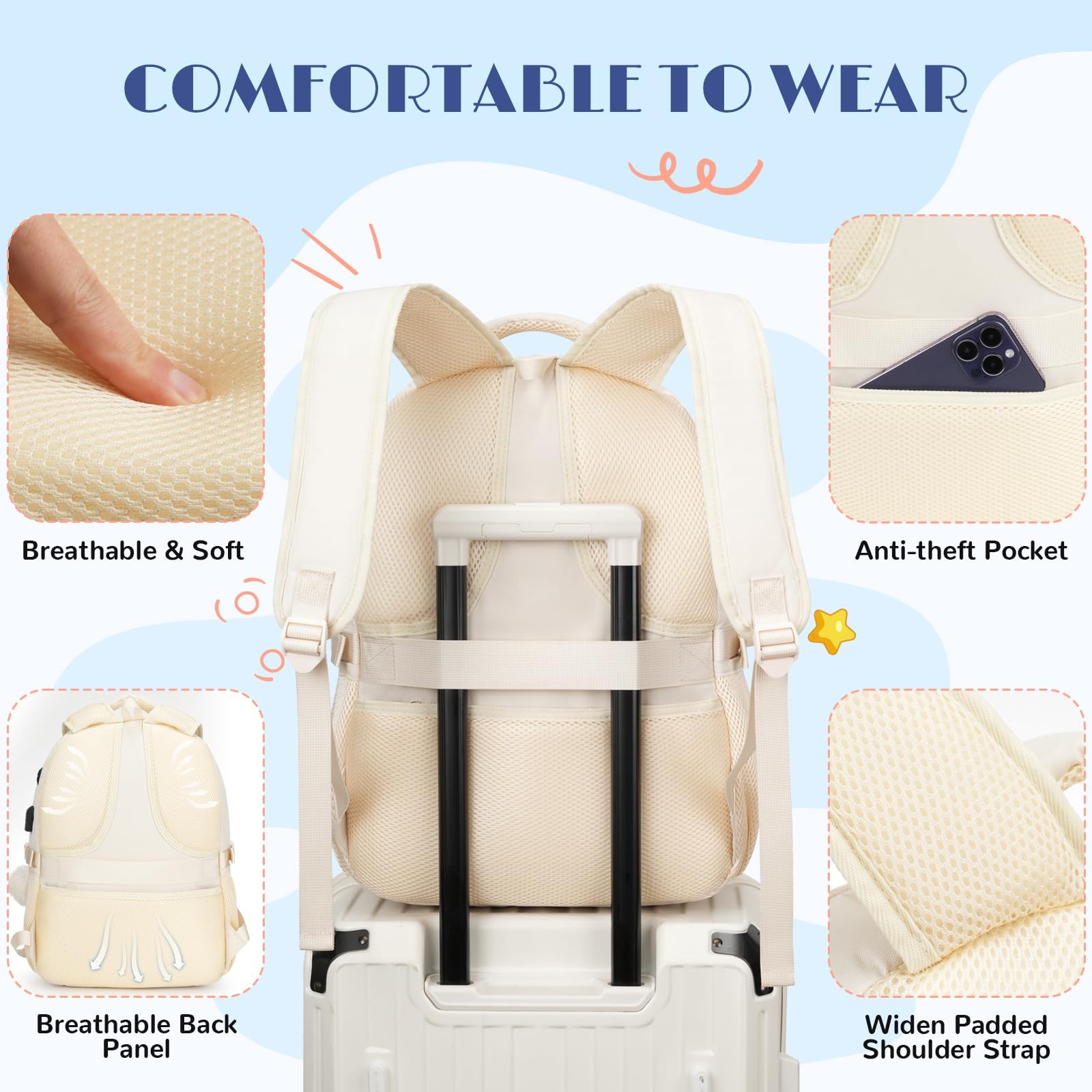 Cute Middle High School Bags Bookbag For Teen Girls Laptop Backpack Beige