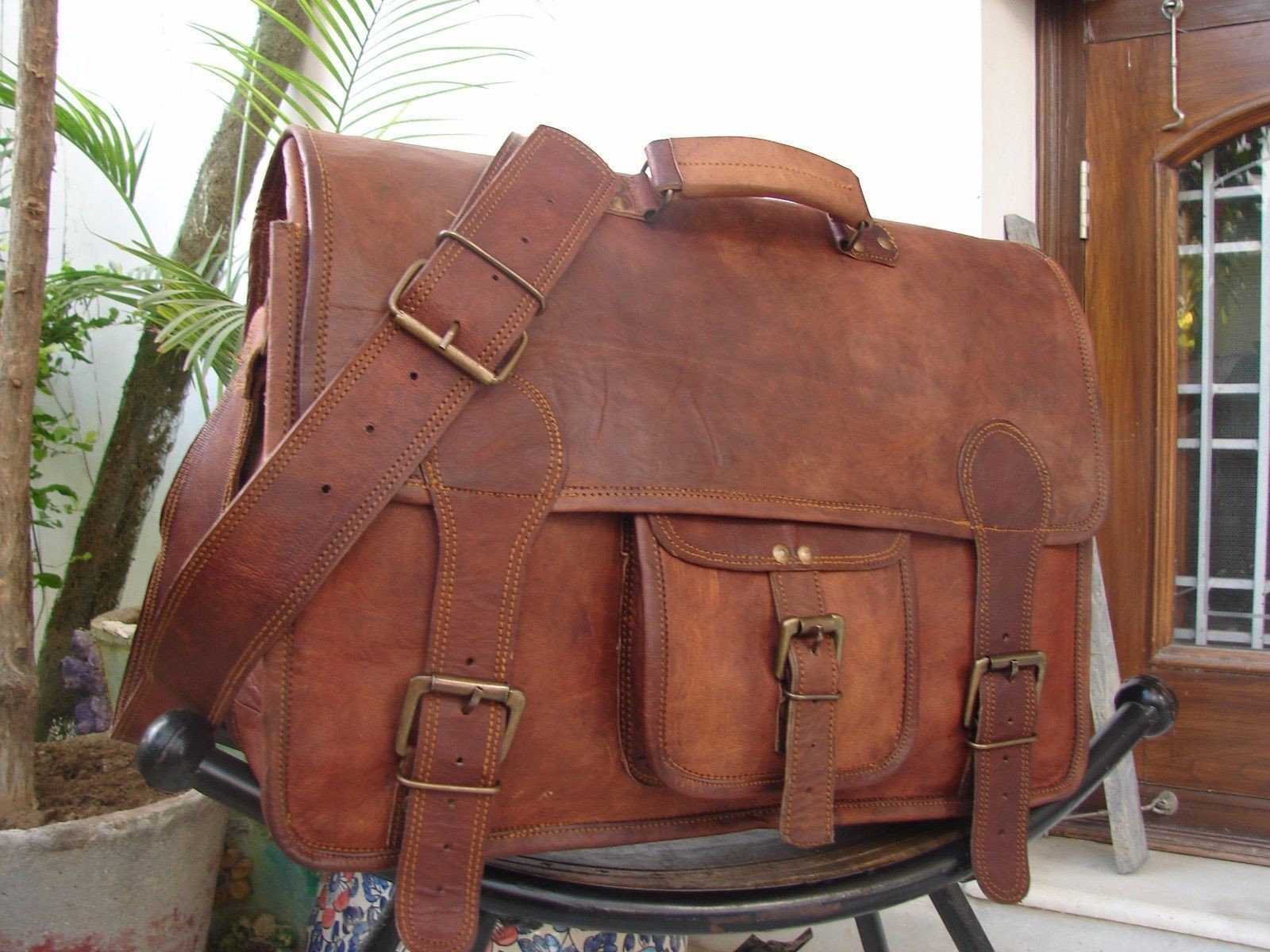 Office,Briefcase Bag 45 Cm Men’s Genuine Brown Leather Messenger Shoulder Laptop
