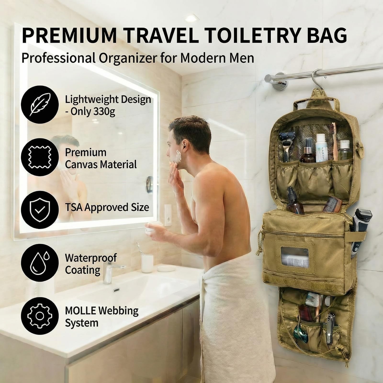 Tactical Men’s Toiletry Travel Bag – Hanging Dopp Kit for Shaving & Hygiene, Bro
