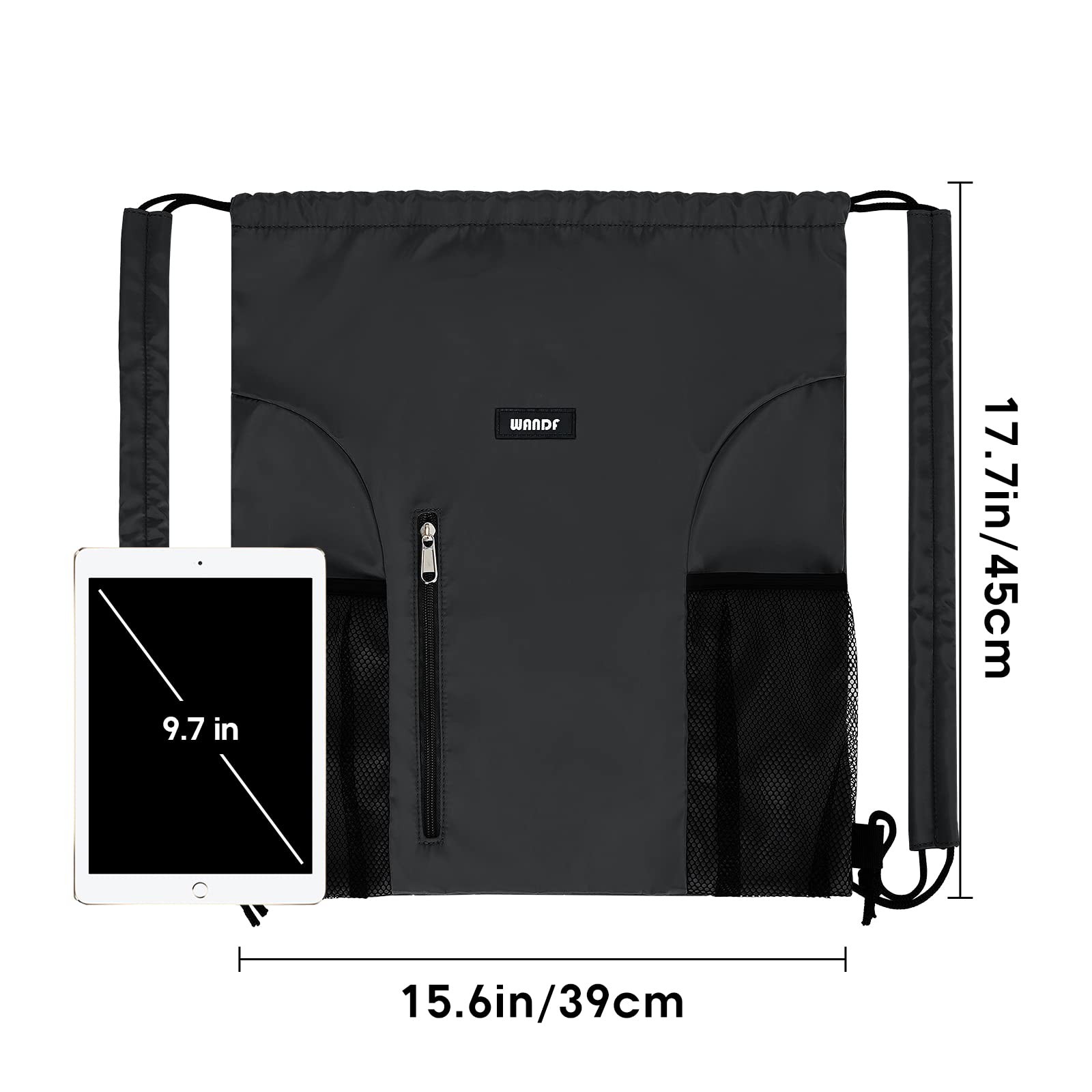 Drawstring Backpack with Shoulder Pad Sports Gym Backpack with Mesh Pocket Black