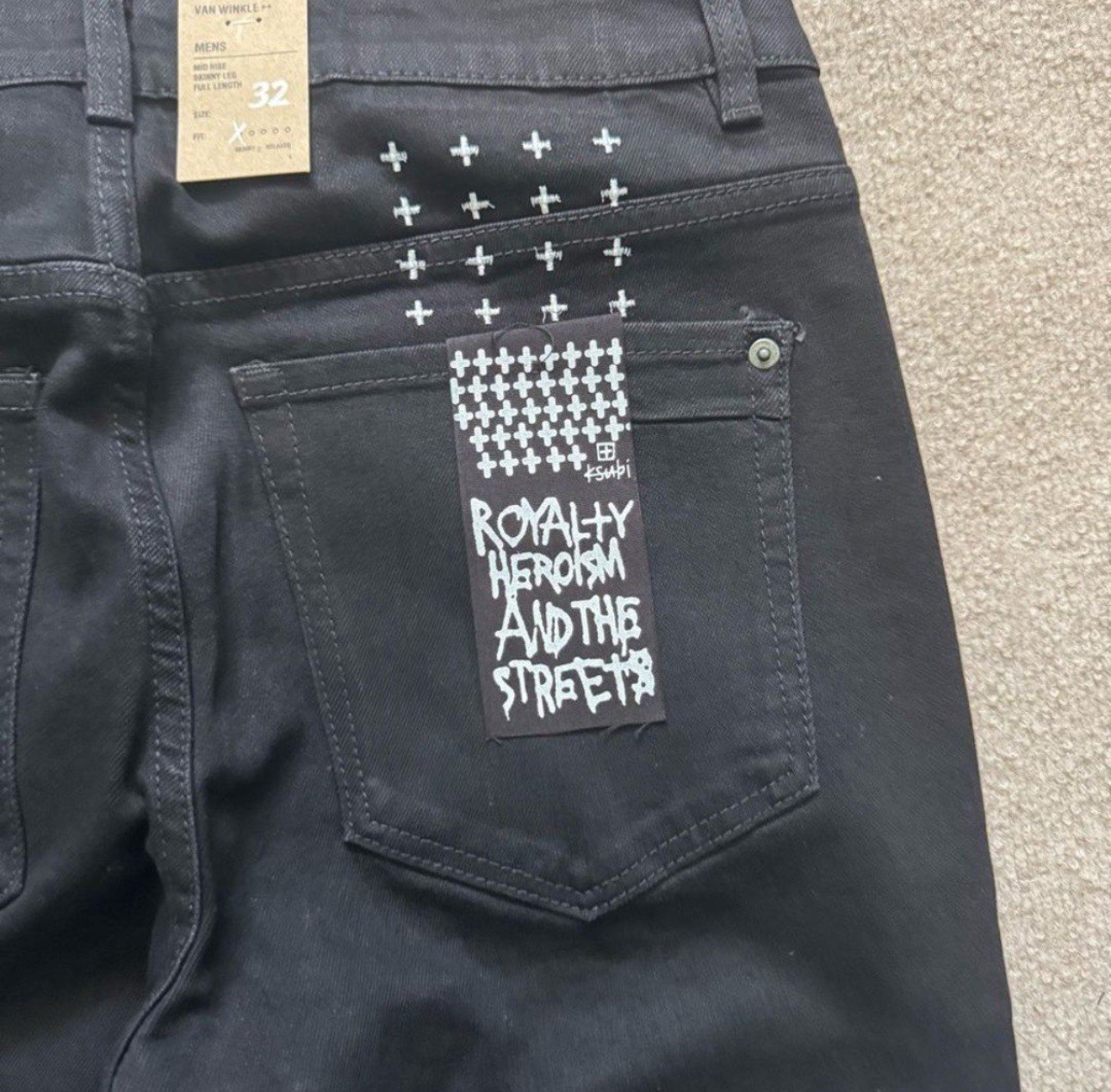 FB Denim Jeans Black Cross Stitch Back Pocket Designer
