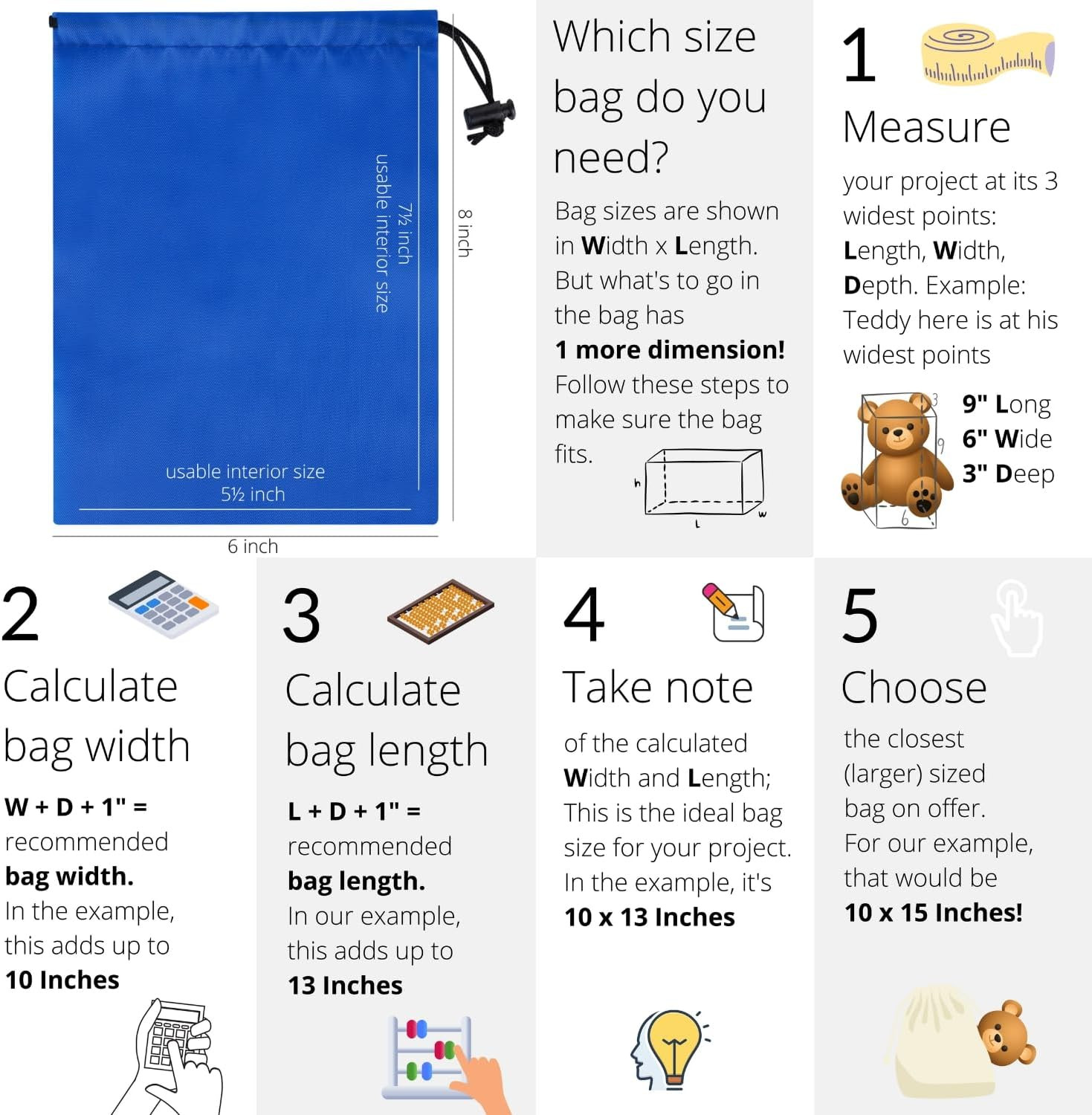 Drawstring Bag with Toggle – Nylon Cinch and Ditty Pouch Six-Pack (Blue, 6 x 8 I