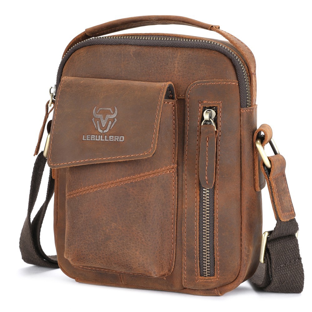 LEBULLBRO Mens Crazy Horse Leather Crossbody Bag Messenger Shoulder Handbag Gift