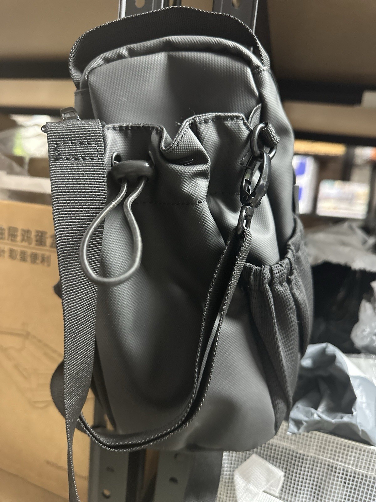 Men’s Black Small Crossbody Sling Bag Zip Drawstring, Adjustable Strap Pockets