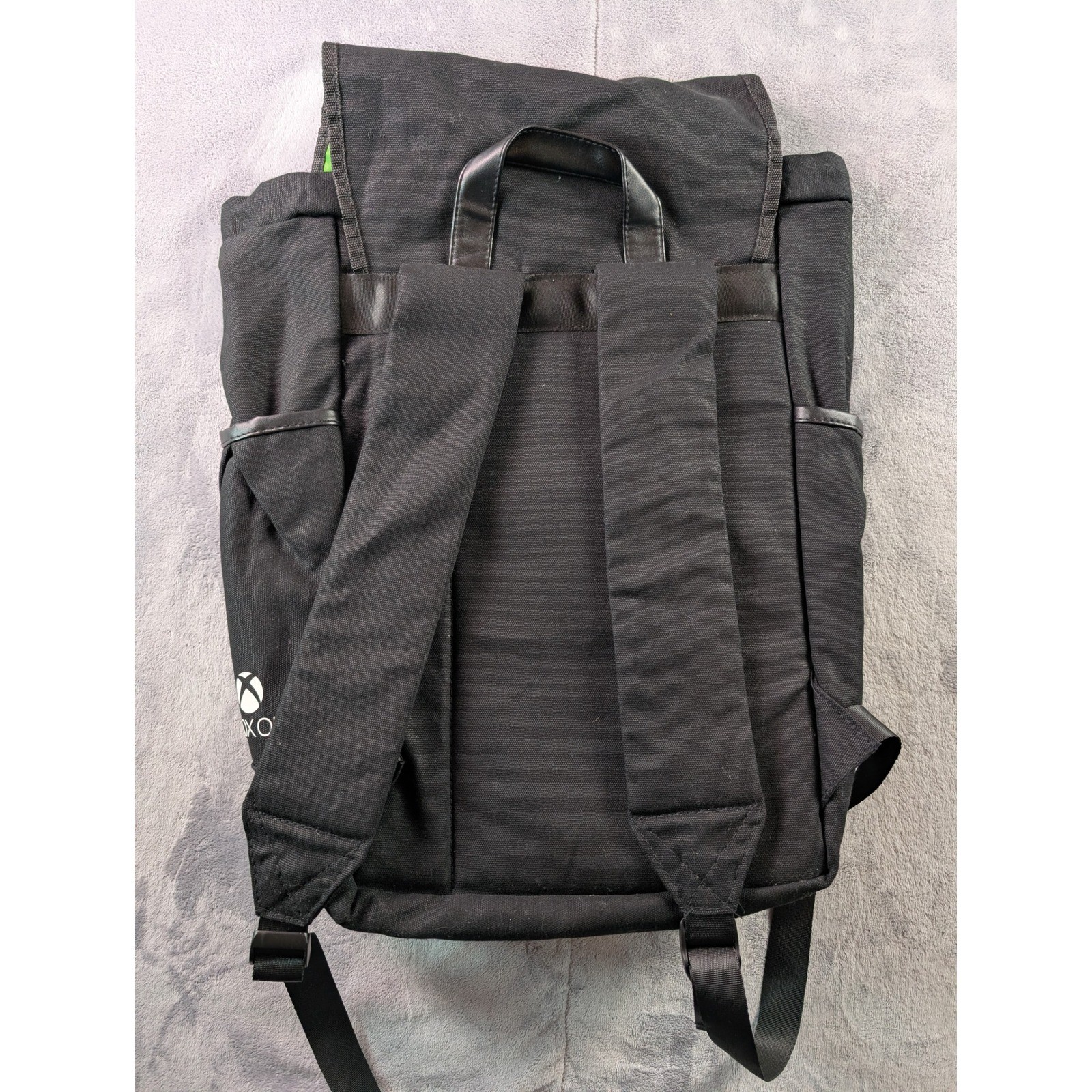 GameStop Xbox One Black Canvas Rucksack Backpack Green Interior Lining Flap Top