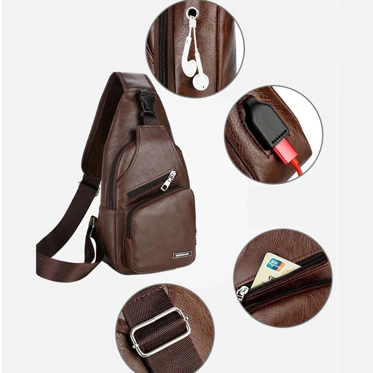 Men’s Casual Chest Bag PU Leather USB Charging Crossbody Travel Shoulder Bag