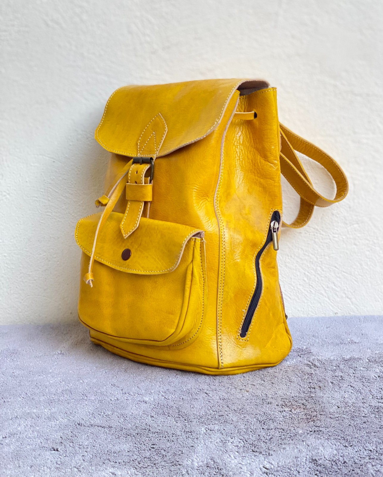 Yellow Leather Backpack Handmade Morocco Belt Buckle Front Back Pocket