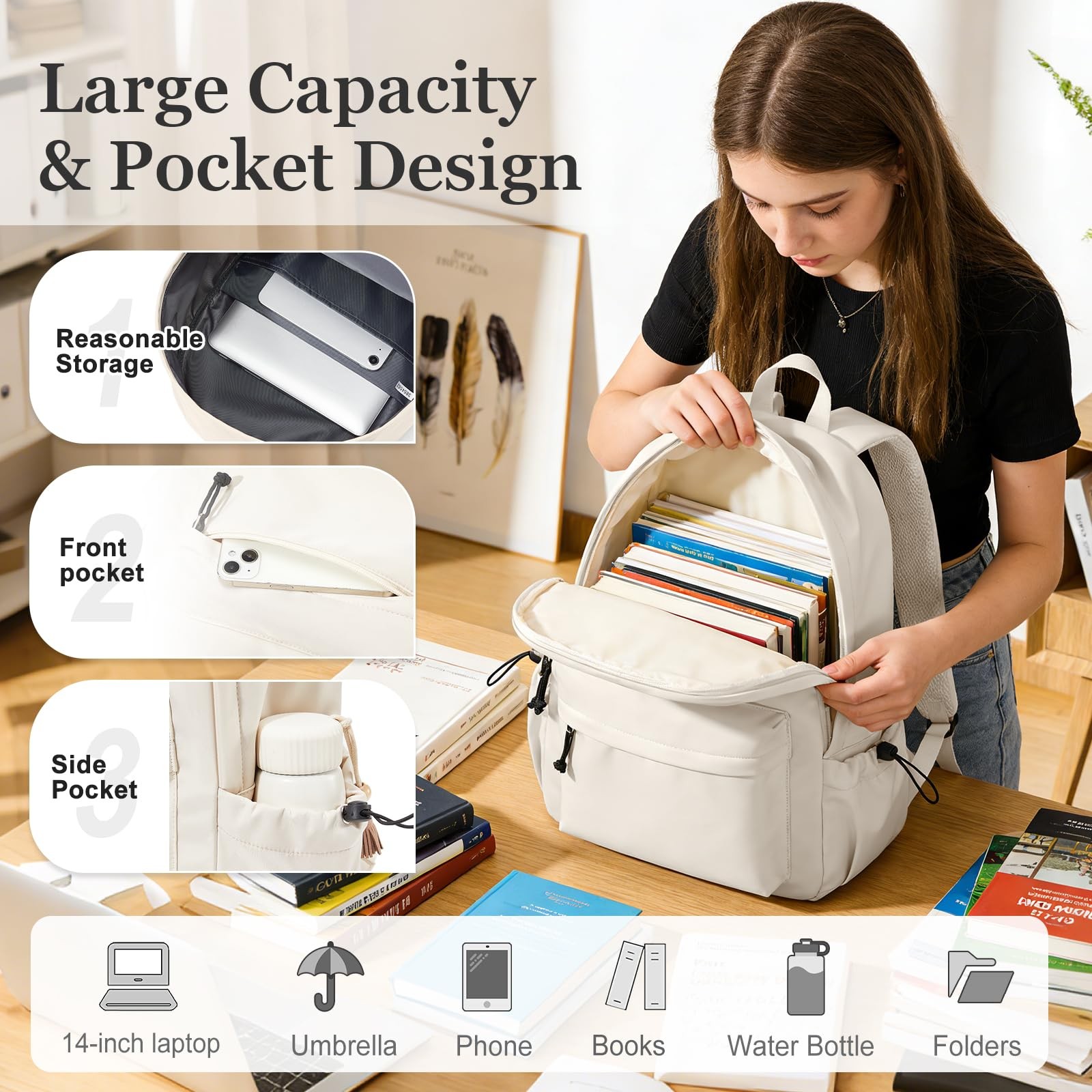 Middle School Backpack Men Women Simple College Aesthetic Waterproof Beige