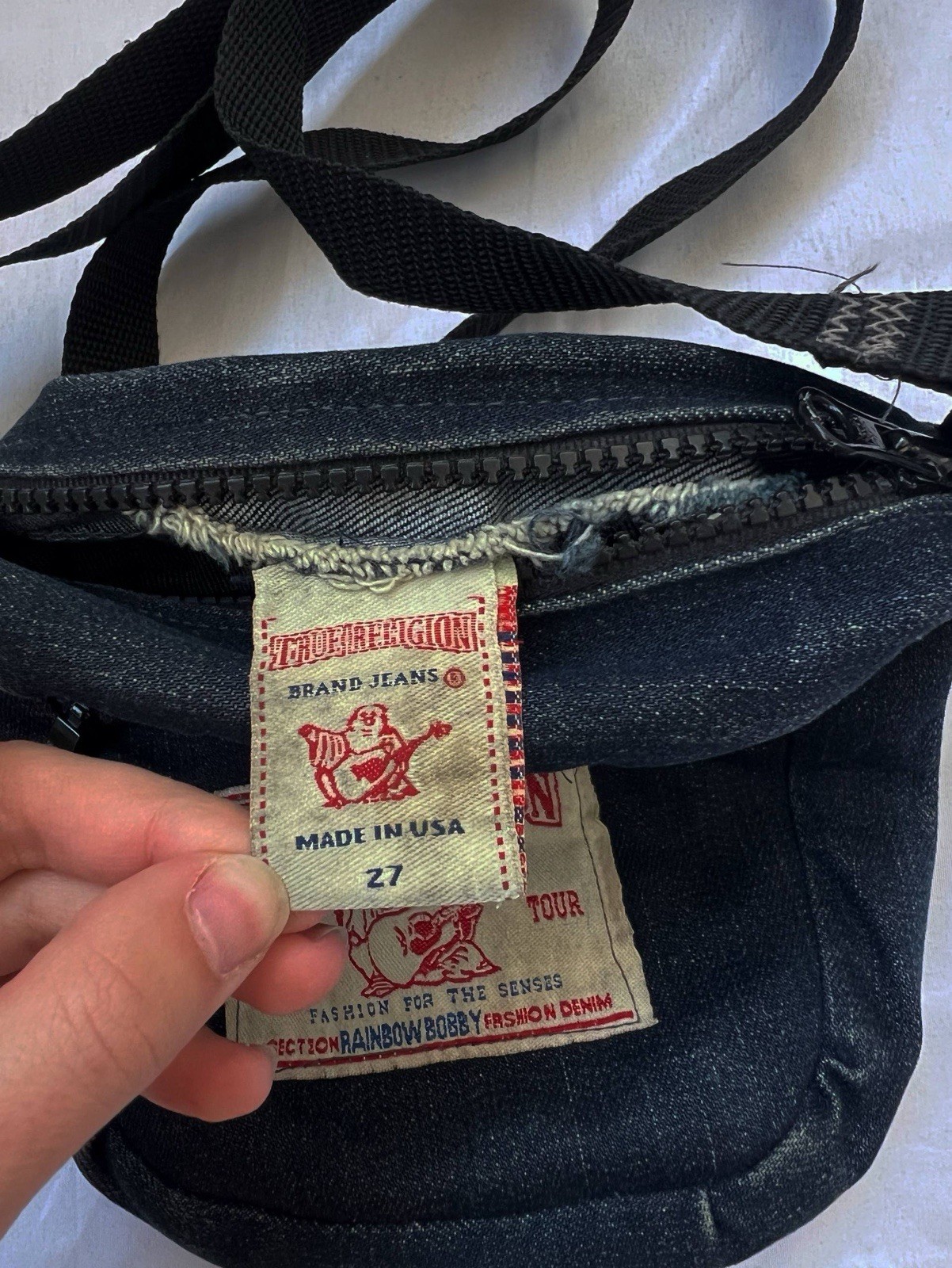 Custom Upcycled True Religion Denim Messenger Bag Y2K Bobby Buddha Patch Crossbo