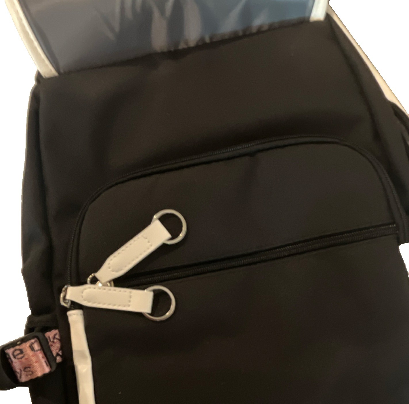 Bevalsa Black White Pink Backpack with USB Port, Audio Pocket, Adjustable Straps