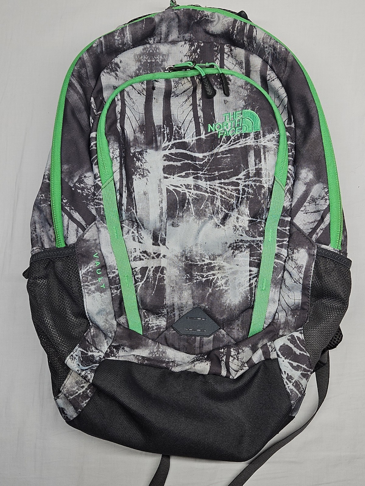 The North Face Vault Gray Black Forest Camo Green Trim & Logo Backpack