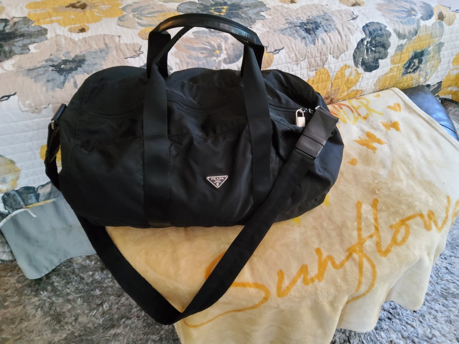 Authentic PRADA Boston Weekend Gym Duffle Bag Nylon Lock Keys Unlined Black