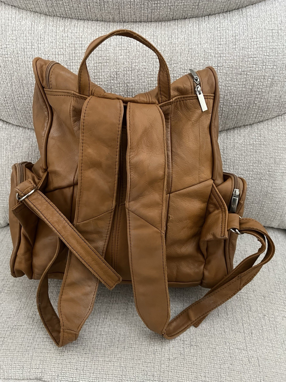Genuine Soft Leather Backpack Unisex Caramel Color 5 Pocket Travel Bag