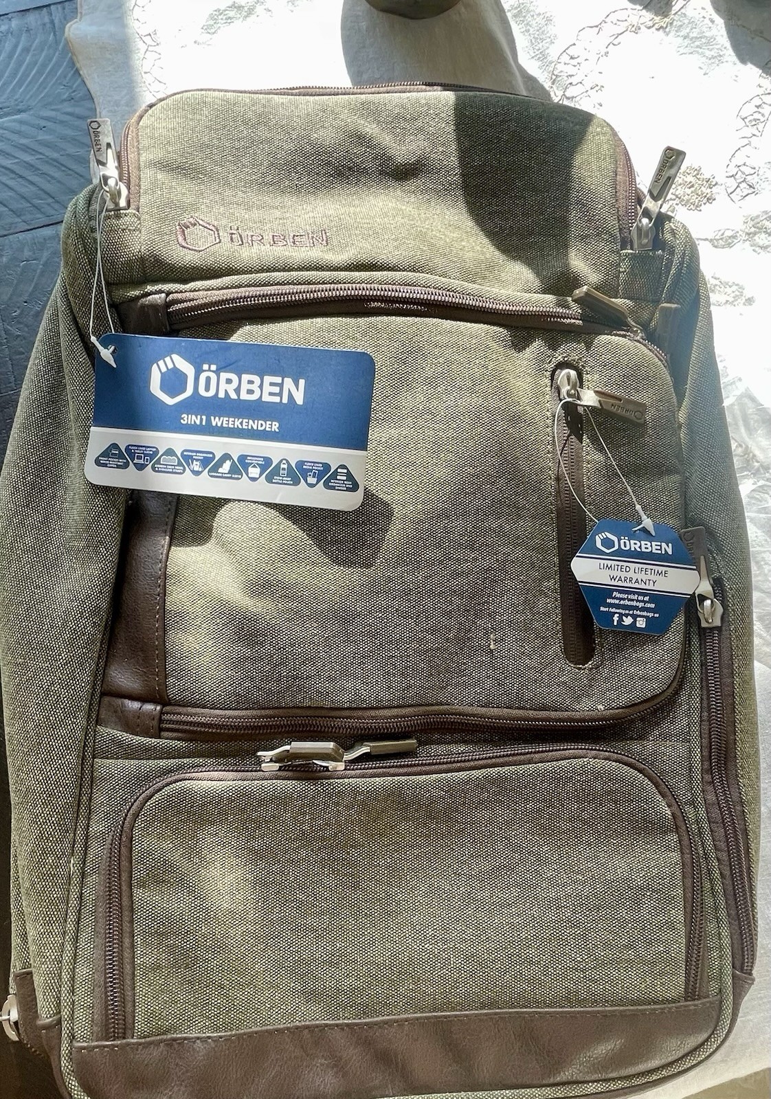 NWT ÖRBEN 3-in-1 Weekender Backpack Carry On Travel Bag Airline Approved Green