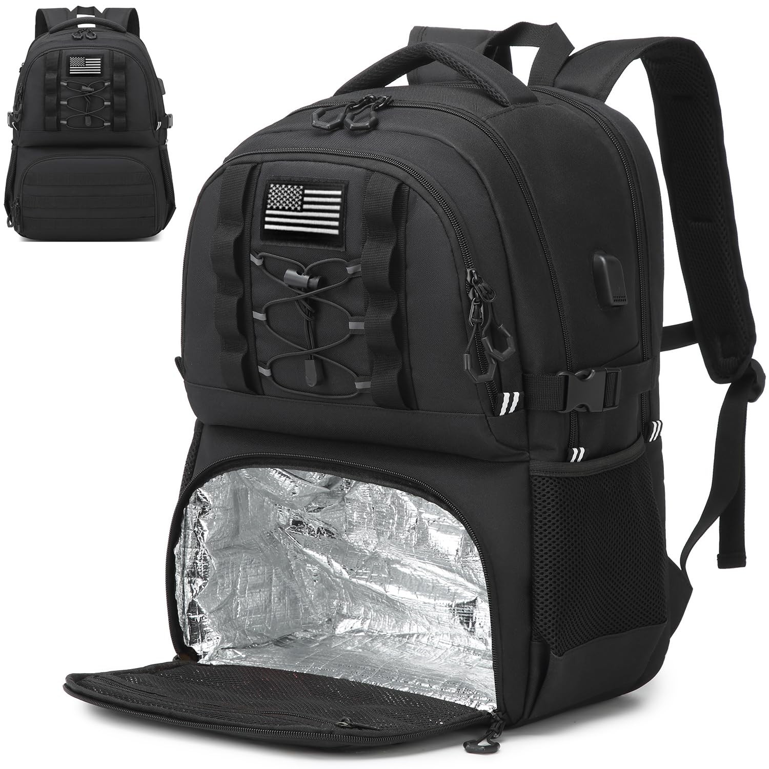 50L Laptop Lunch Backpack for Men, Insulated Cooler, USB Port, Black