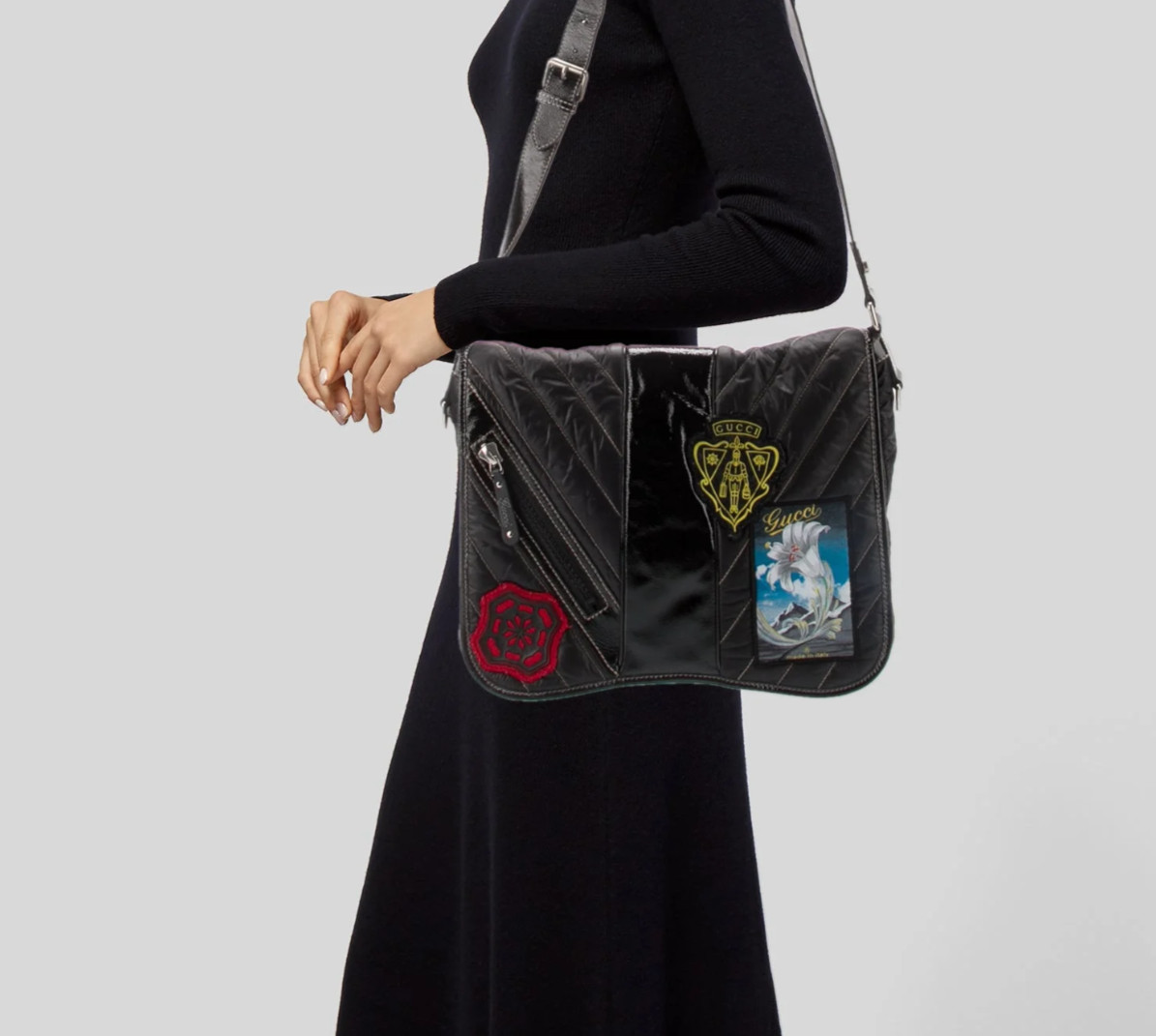 Rare GUCCI Quilted Patches Logo Leather and Nylon Messenger Bag Unisex Handbag