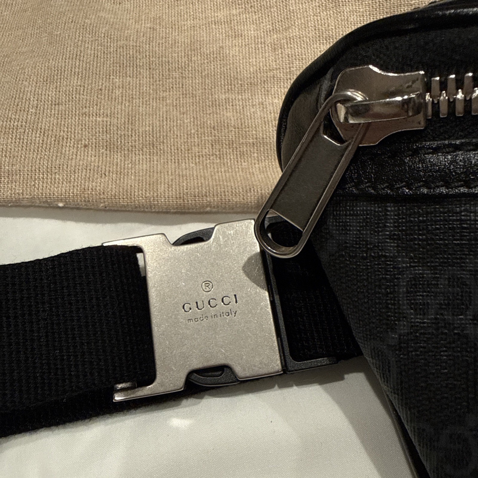 Gucci GG Monogram Logo Interlocking G Canvas Crossbody Belt Bag Black 682933