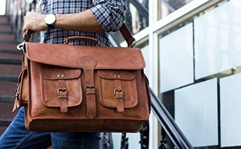 Stylish Leather Briefcase with Adjustable Strap – 18-inch Laptop Messenger