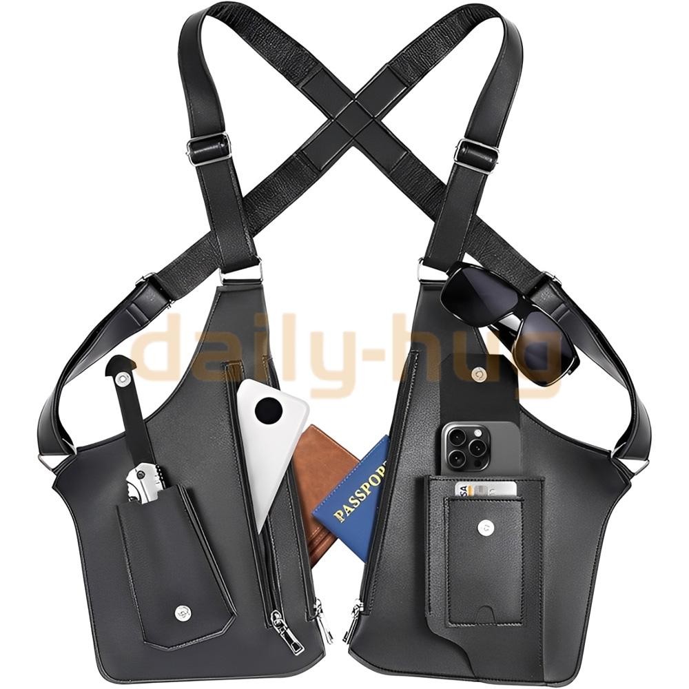 Men Double Shoulder Underarm Bag Anti Theft Holster PU Leather Travel Chest Bag