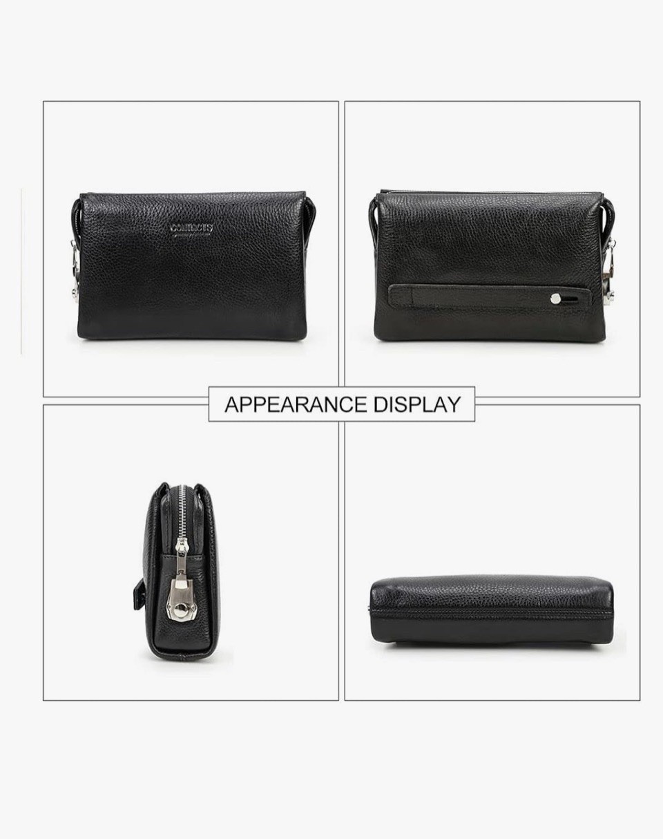 black leather clutch from CONTACTS features a combination lock for security.