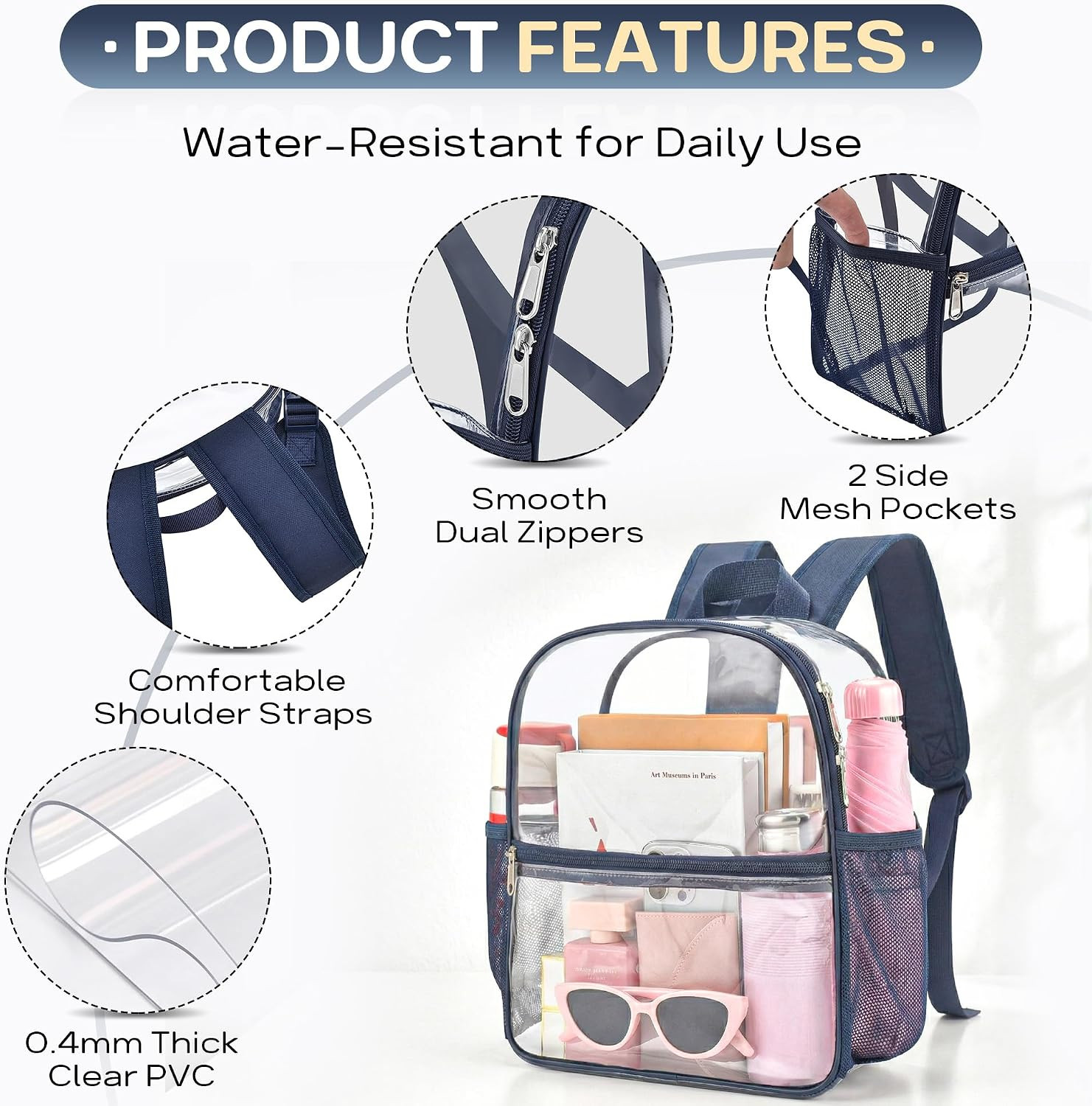 Clear Backpack Stadium Approved, 12 X 6 X 11 In, Small Transparent Backpack for