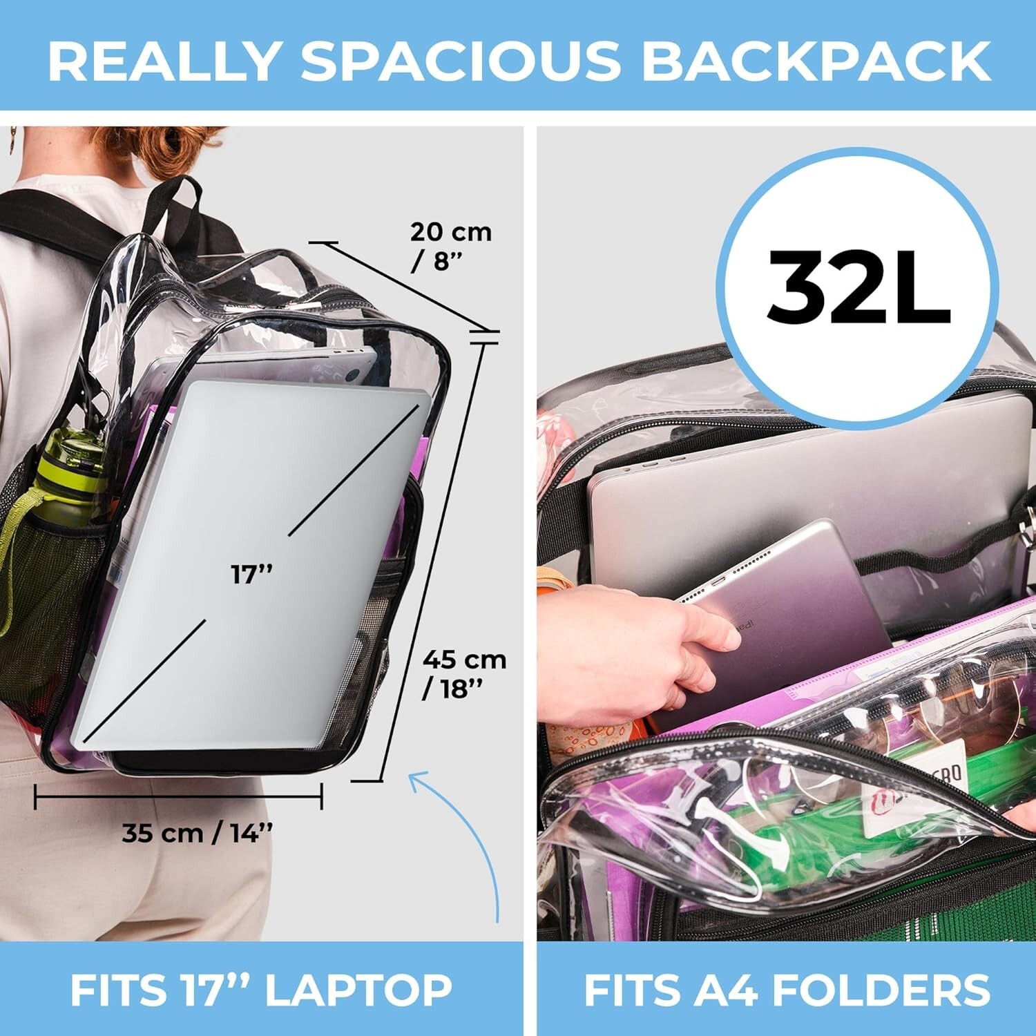 Versatile Transparent Black Backpack with Reflective Strips and Anti-Theft Lock