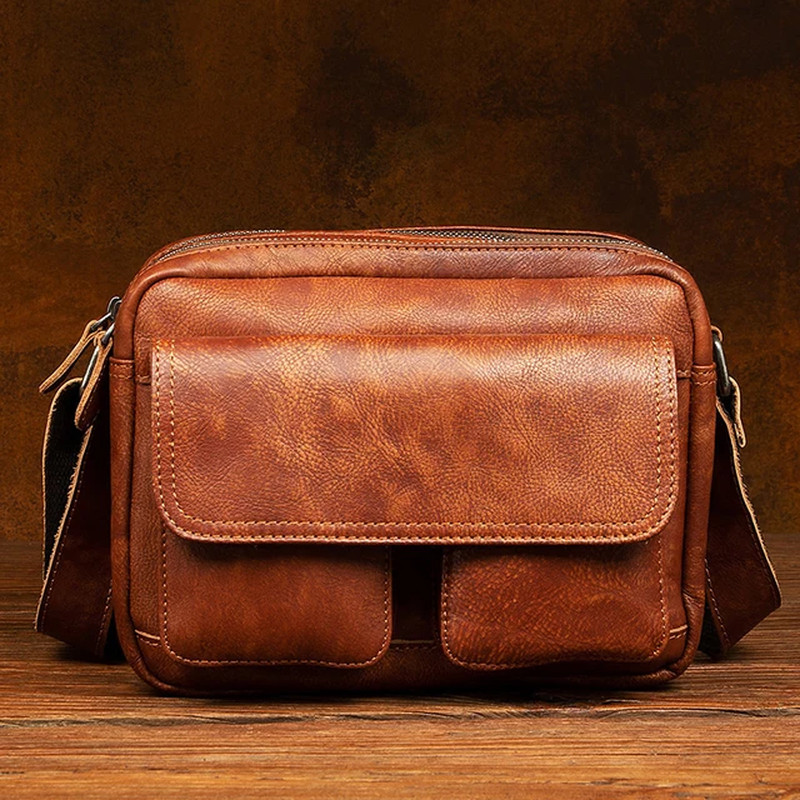 Vintage Genuine Leather Men’s Crossbody Bag with Casual Magnetic Buckle
