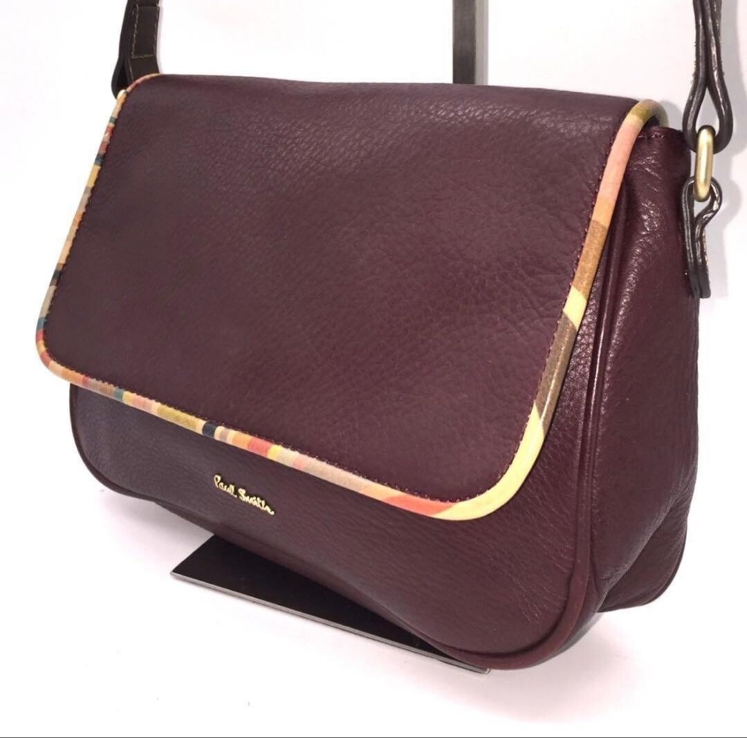 Paul Smith Brown Leather Messenger Bag Gold Logo Striped Trim Flap Unisex