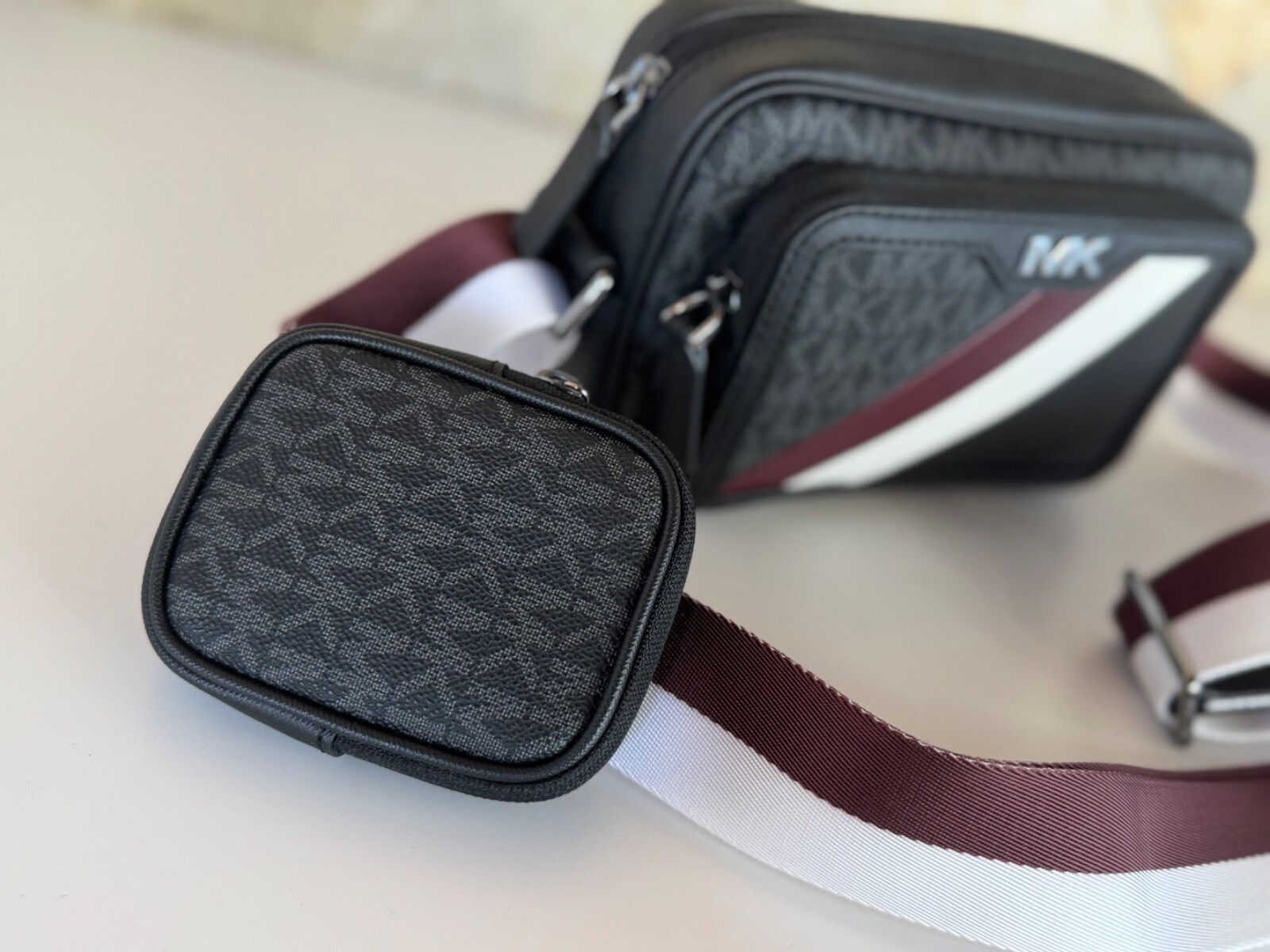 MICHAEL KORS RIVINGTON STRIPED CROSSBODY CAMERA BAG WITH POUCH OXBLOOD