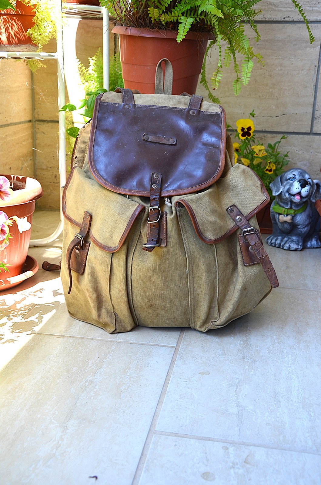 Vintage 1950s Bulgarian Canvas Leather Military Backpack Hiking Rucksack
