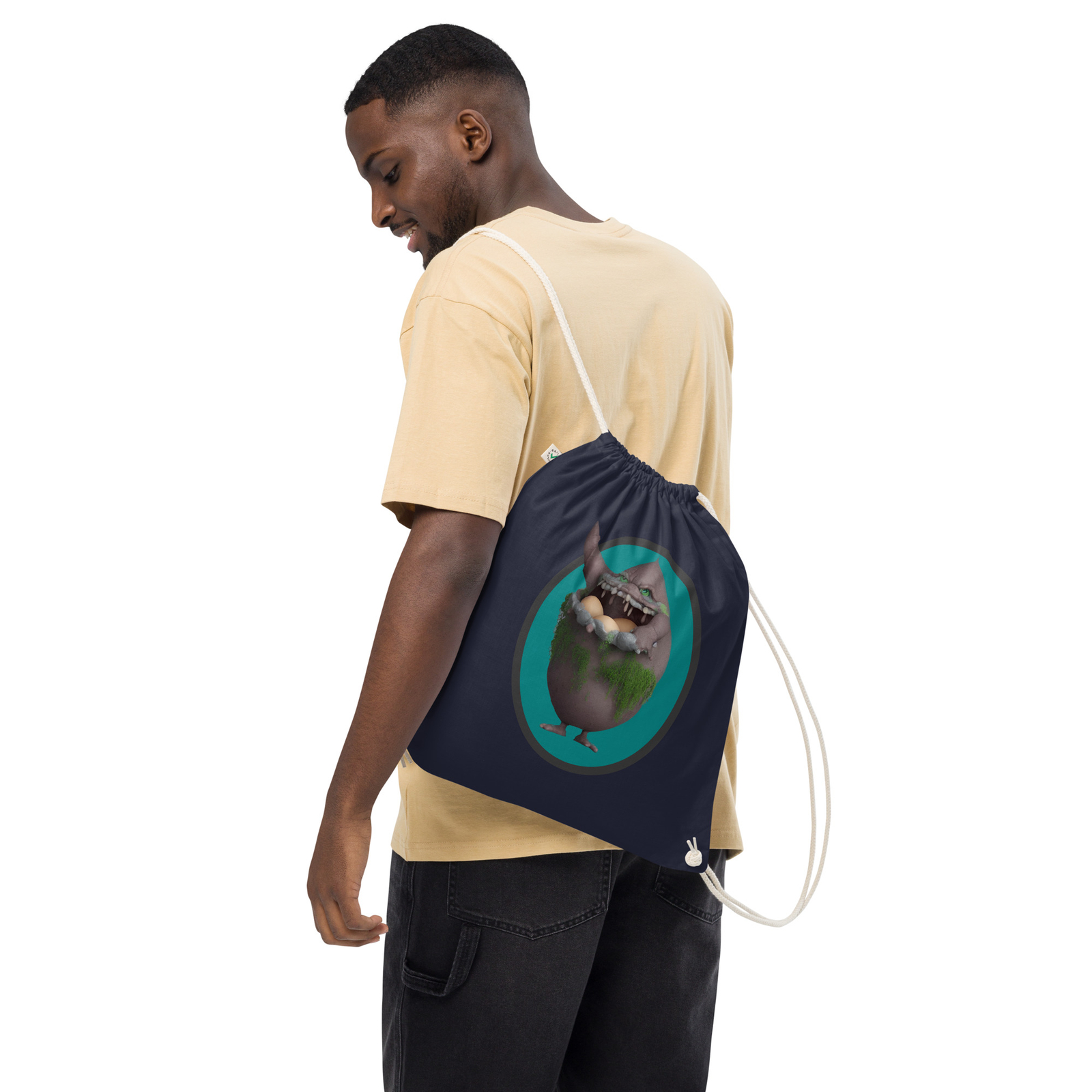 “Egg Goblin” Organic cotton drawstring bag Monster Cute Grotesque