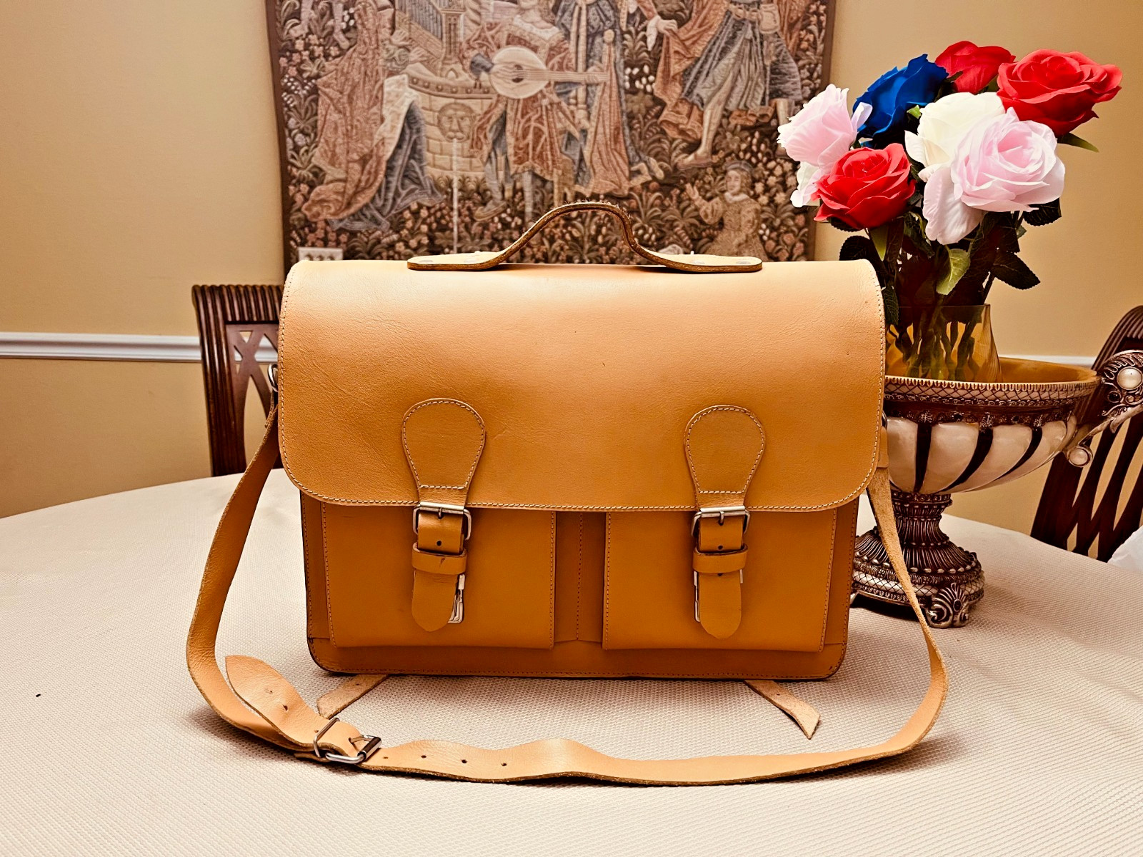 Natural Tan Saddle Leather Briefcase / Messenger Bag / Backpack – Germany