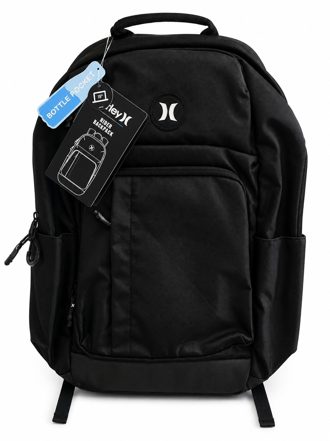 Hurley Black Ripp Backpack O/S Zip Closure Bottle Pocket Travel Casual