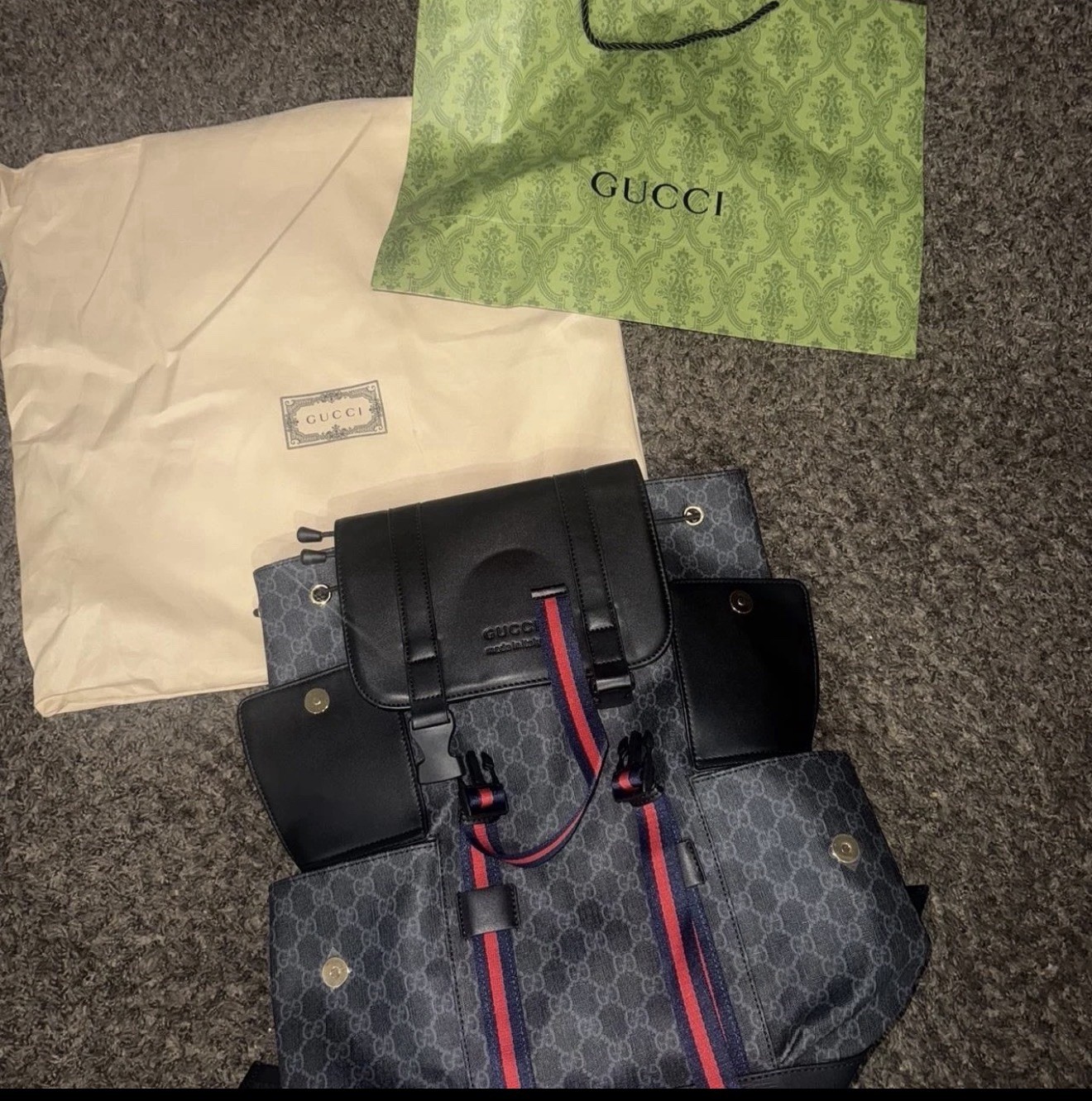 Gucci GG Pattern Backpack Gray/Black Red/Blue Web Stripe Drawstring Men’s