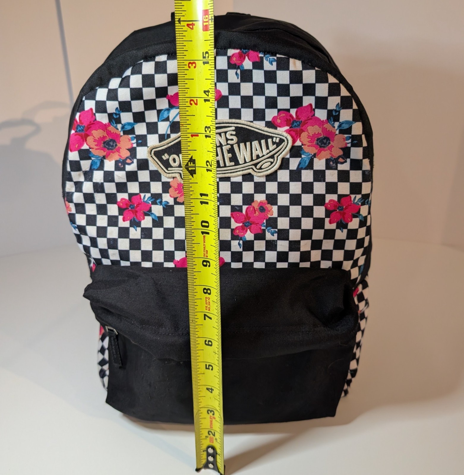 Vans Off The Wall Backpack Black White Checkered Floral with Pink Roses, Daypack