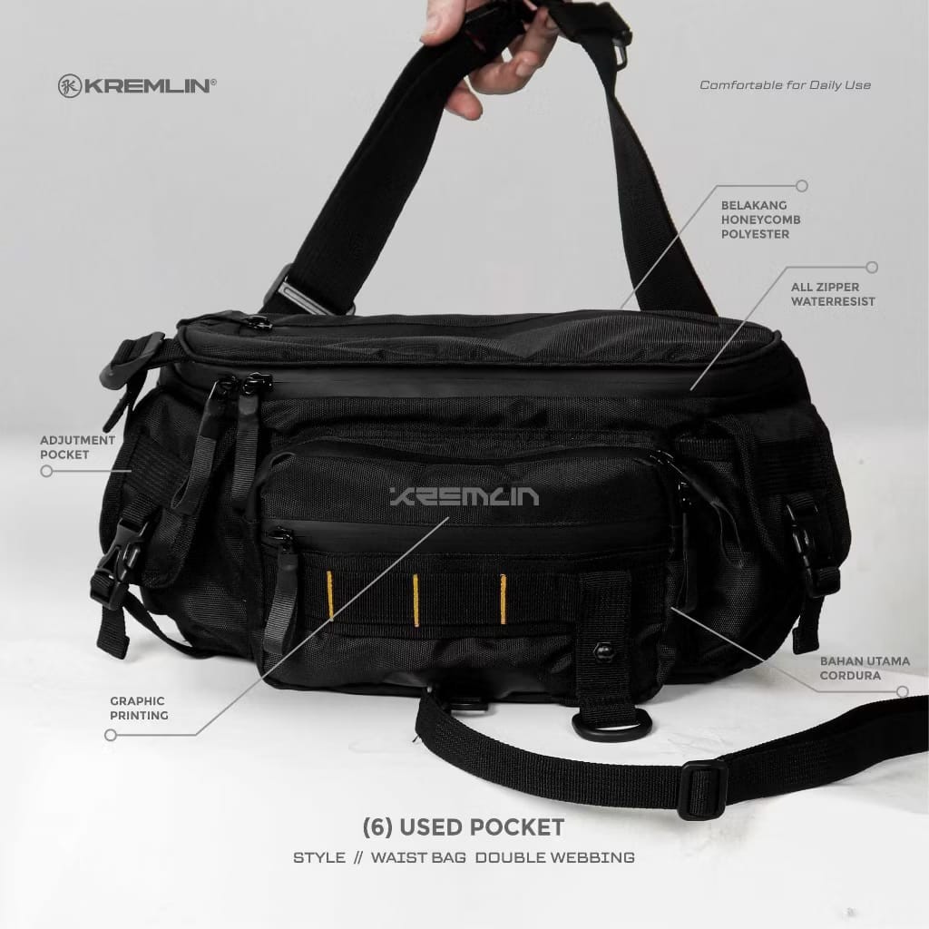 Kremlin Kojima Black Waist Sling Chest Bag Futuristic Fullzip Crossbody