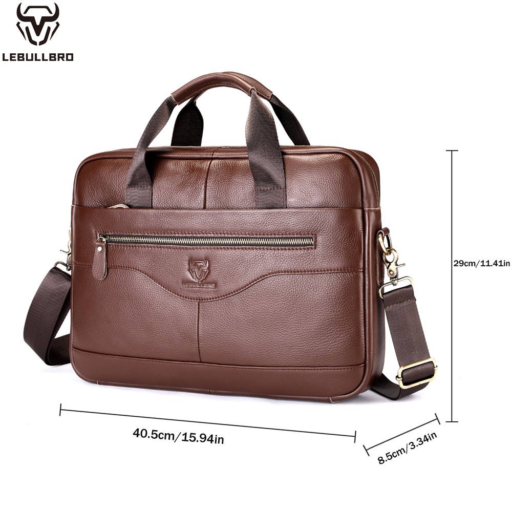 LEBULLBRO Men’s Leather Messenger Briefcase with Detachable Shoulder Strap
