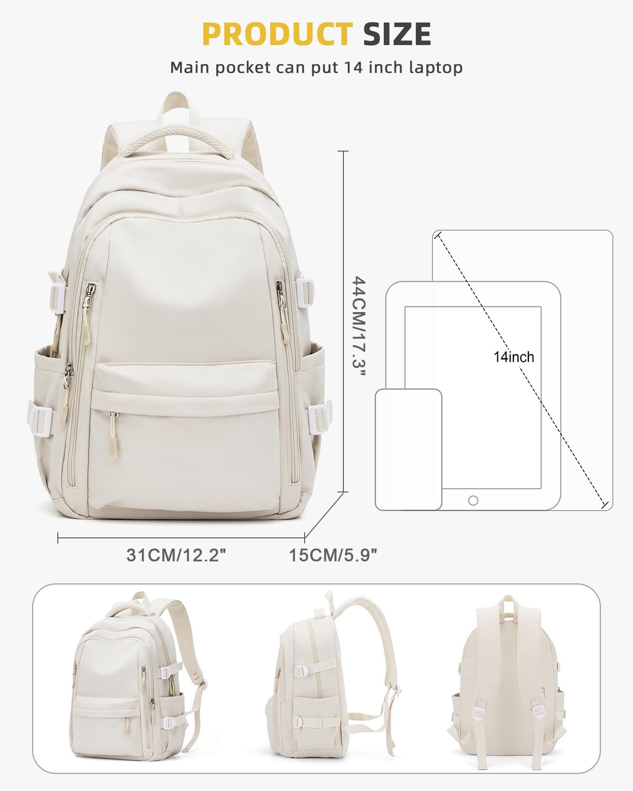 Beige Lightweight Backpack, Large Laptop, Travel, Casual Daypack, College Bag