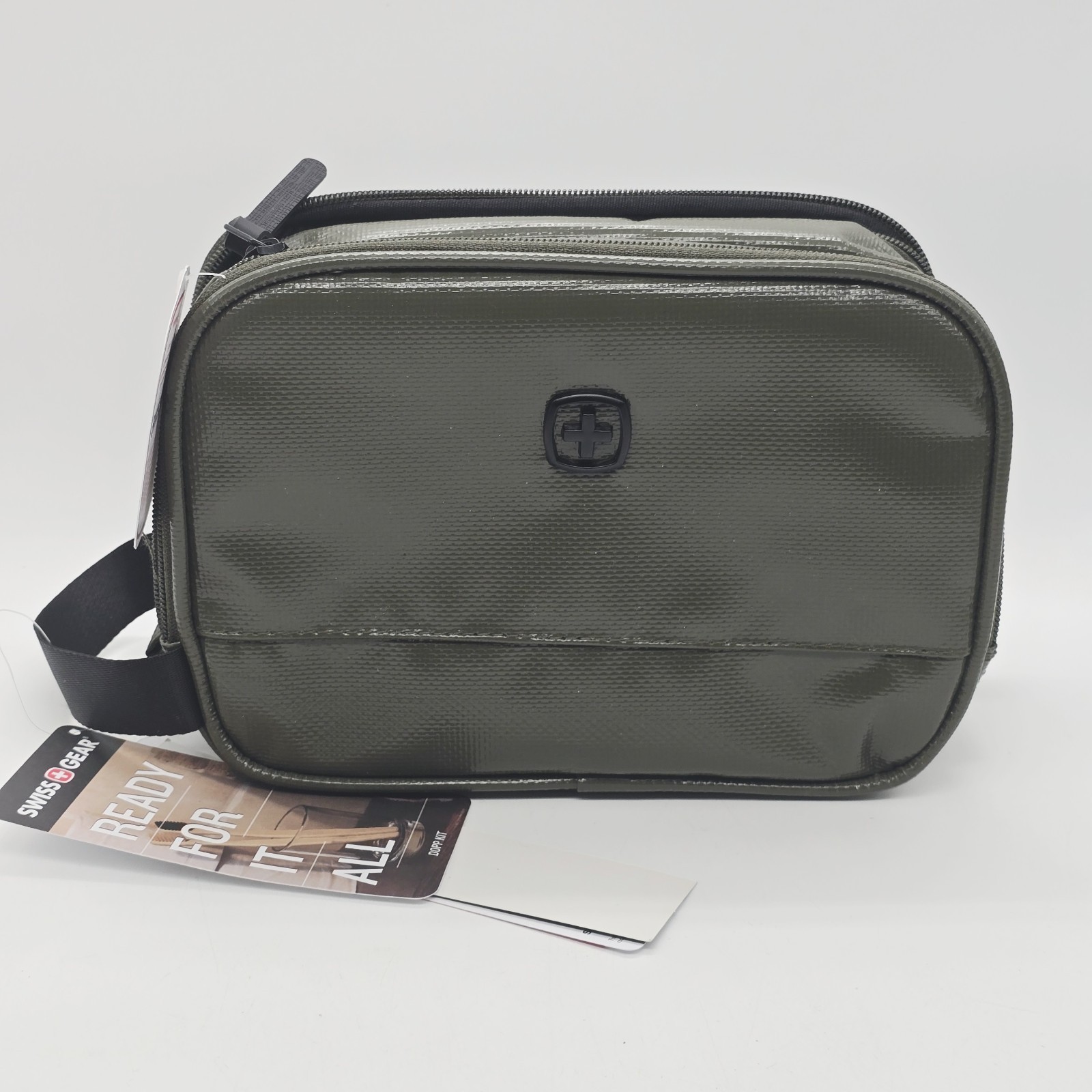Swiss Gear Dual Compartment Dopp Kit Olive Green Mesh Pocket Handle 9×6.5×3.5