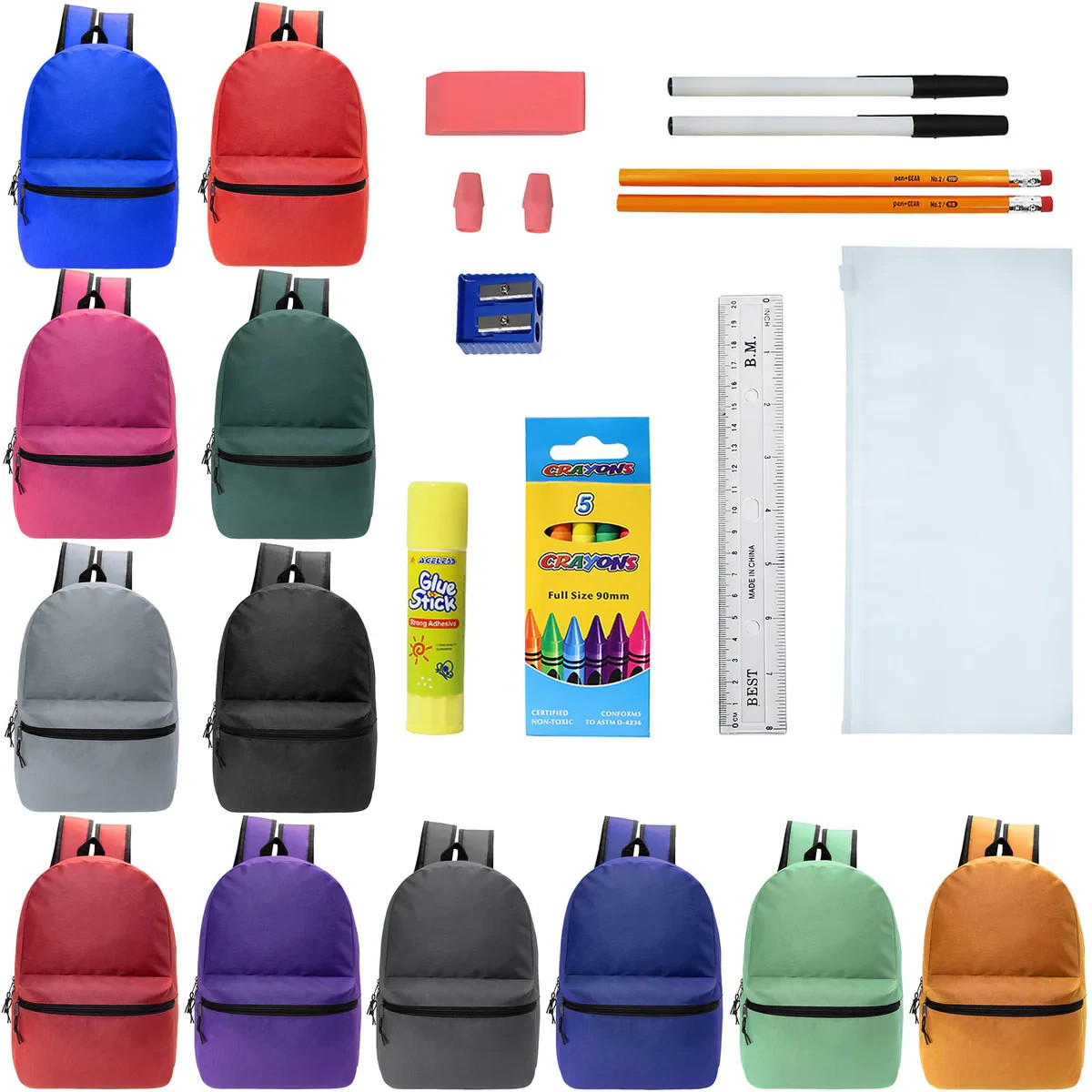 12 18.5″ Backpacks in 12 Assorted Colors and 12 Bulk School Supply kits